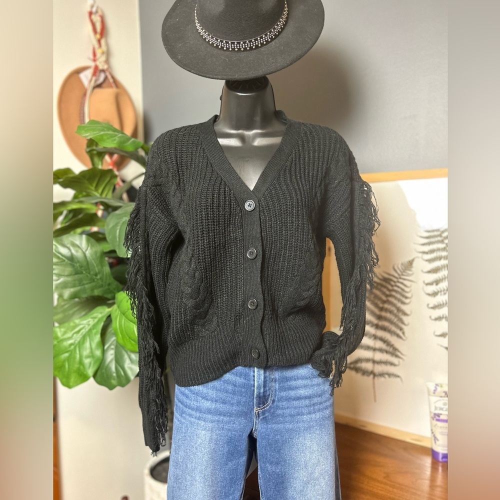 FCT With Love Black Fringed Cable Knit Cardigan - Picture 2 of 5